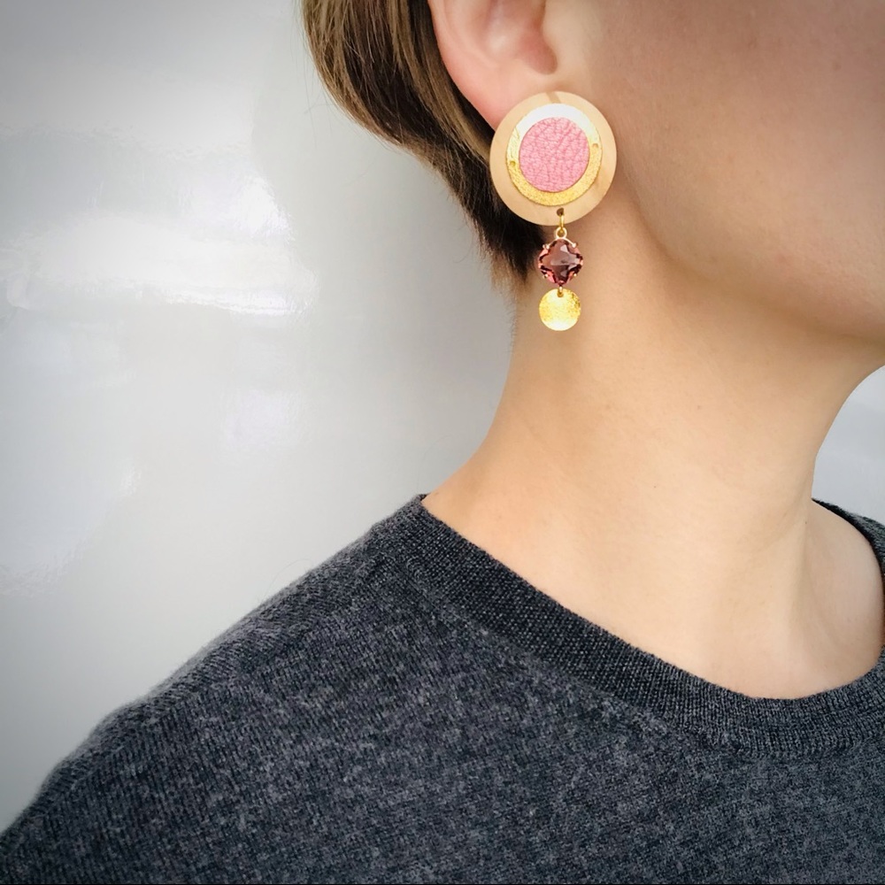 Artisan Earrings Wood Leather Glass Crystal Pink Gold